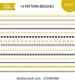Hand-drawn pattern brushes set. Decorative vector brushes. Frames, borders, dividers. Vector illustration. Squares, circles, triangles, lines.