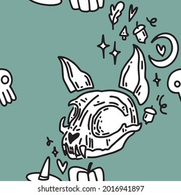 Hand-drawn pattern with cat skull. Halloween pattern with cats.