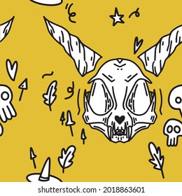 Hand-drawn pattern with cat skull. Halloween pattern with cats. Witch pattern.
