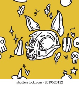 Hand-drawn pattern with cat skull. Halloween pattern with cats. Witch pattern. 