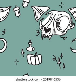 Hand-drawn pattern with cat skull. Halloween pattern with cats. Witch pattern.
