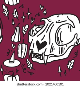 Hand-drawn pattern with cat skull. Halloween pattern with cats. Witch pattern.
