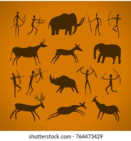 Hand-drawn pattern of cave drawings. ancient petroglyphs. primitive paintings. prehistoric art. Vector illustration.