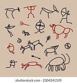 Hand-drawn pattern of cave drawings.Rock painting. Primitive ancient  sketch, prehistoric symbols of hunters animals plants and ornaments on stone wall. Vector petroglyph prehistoric drawing. 