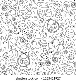 Hand-drawn pattern with children's toys and accessories. Black and white seamless pattern. Vector illustration.