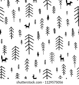 Hand-drawn pattern with Christmas Trees and forest animals. A deer, a fox, a hare.
Seamless pattern black and white Fir Trees.