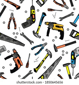 
hand-drawn pattern with construction tools on white background