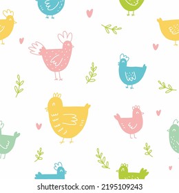 A hand-drawn pattern of cute chickens. Vector illustration of a collection of chickens drawn in the style of doodles.