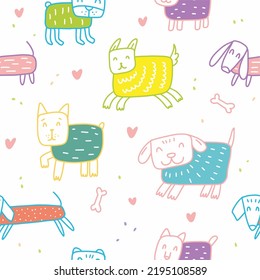 Hand-drawn pattern of cute dogs. Vector illustration of a collection of dogs drawn in the style of doodles.