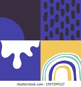Hand-drawn pattern design artwork made with doodle forms, simple elements and geometrical shapes. Abstract vector composition graphics, useful for decoration, wallpapers, covers, wrapping paper, etc.