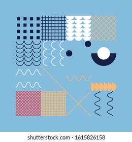 Hand-drawn pattern design artwork made with doodle forms, simple elements and geometrical shapes. Abstract vector composition graphics, useful for decoration, wallpapers, covers, wrapping paper, etc.