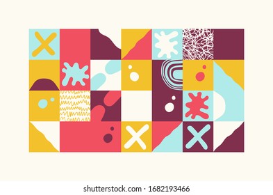 Hand-drawn pattern design artwork made with doodle forms, simple elements and geometrical shapes. Abstract vector composition graphics, useful for decoration, wallpapers, covers, wrapping paper, etc.