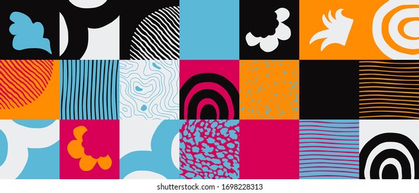 Hand-drawn pattern design artwork made with doodle forms, simple elements and geometrical shapes. Abstract vector composition graphics, useful for decoration, wallpapers, covers, wrapping paper, etc.