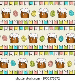 Hand-drawn pattern with easter eggs, cakes and flags. Seamless Easter vector pattern in doodle style.