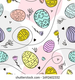 Hand-drawn pattern with easter eggs and flowers. Colored spots on the background. Seamless Easter vector pattern in doodle style.