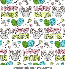 Hand-drawn pattern with easter eggs, rabbit and flowers. Colored spots on the background. Seamless Easter vector pattern in doodle style.