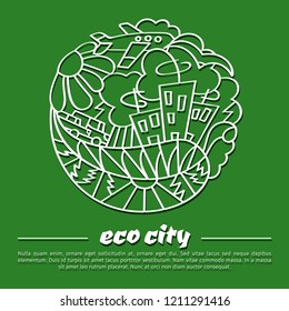 Handdrawn pattern. Eco theme. Elements of doodles. Monochrome isolated outline on green background.