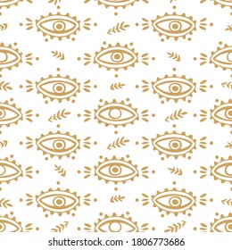 Patrón dibujado a mano en estilo étnico. Ojos estilizados, ramitas de planta, puntos y hojas. Dibujo de contorno monocromo minimalista, ilustración vectorial. Resumen del fondo mágico. Esotericismo, misticismo, boho.