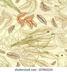 Handdrawn pattern with feathers and bird and rowan branches