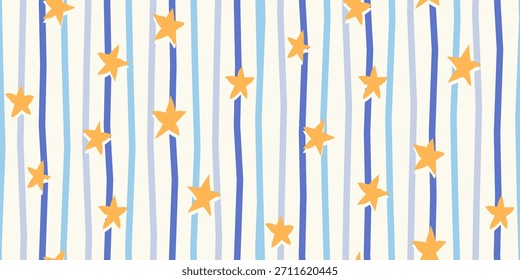 A hand-drawn pattern featuring yellow stars and blue vertical stripes in a playful, decorative style. Ideal for fabric prints, kids’ designs, wrapping paper, and cheerful backgrounds.
