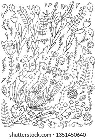 Hand-drawn pattern with flowers and plants. Floral ornament. Original plants