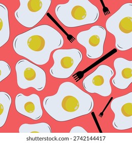 Hand-drawn pattern of fried eggs on a bright background. Seamless image of eggs with a fork.