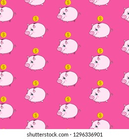 Hand-drawn pattern fun piggy banks. Seamless vector background. This ornament is good for printing, for textile, fabric, t-shirt, wrapping, tile for wallpaper, card.