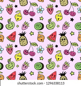 Hand-drawn pattern of funny and cute fruits with faces. Seamless vector illustration. This ornament is good for printing, for textile, fabric, t-shirt, wrapping, tile for wallpaper, card.