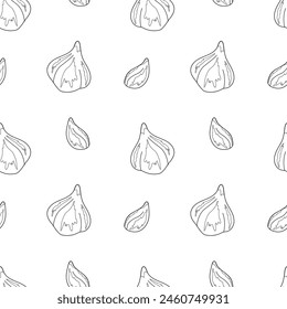 Handgezeichnetes Muster aus Knoblauch. Knoblauchzehen, frisch. Schwarz-weißes Bild. Für Textilien, Illustrationen, Packpapier, Textilien, Druck über natürliche Vitamine, gesunde Lebensmittel, Immunität