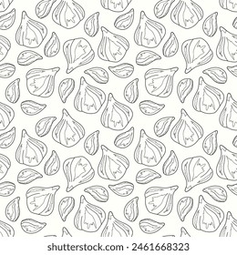 Hand-drawn pattern of garlic. Cloves of fresh garlic. Black white image. For textiles, illustrations, wrapping paper, textiles, printing about natural vitamins, healthy food, immunity

