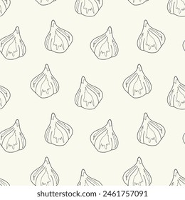 Hand-drawn pattern of garlic. Cloves of fresh garlic. Black white image. For textiles, illustrations, wrapping paper, textiles, printing about natural vitamins, healthy food, immunity