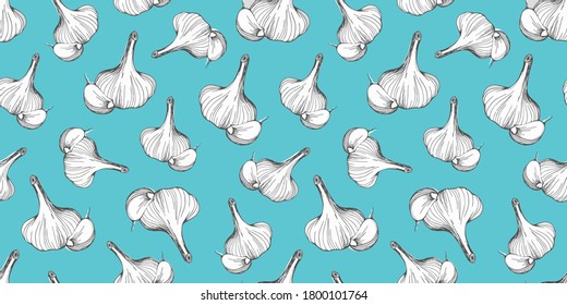 Handgezeichnet Muster von Knoblauch auf blauem Hintergrund. Vektorgrafik. Design für Kochbücher, Blogs, Textilien, Wrapper
