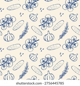 Hand-drawn pattern with garlic, tomatoes, and herbs. Soft blue sketch on cream background. Ideal for kitchen, food, or recipe-themed designs. Minimalist and clean style suits print and digital use
