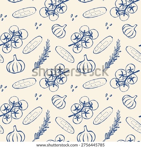 Hand-drawn pattern with garlic, tomatoes, and herbs. Soft blue sketch on cream background. Ideal for kitchen, food, or recipe-themed designs. Minimalist and clean style suits print and digital use