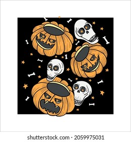 Hand-drawn pattern for Halloween design. Skulls and pumpkins