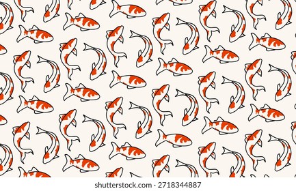 Una ilustración de patrón dibujado a mano de pez koi naranja con trazo blanco sobre un fondo blanco oscuro. Este patrón es adecuado para textiles, papel de embalaje, Fondo de pantalla, fondo y otros proyectos