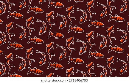 Una ilustración de patrón dibujado a mano de pez koi naranja con trazo blanco sobre un fondo marrón oscuro. Este patrón es adecuado para textiles, papel de embalaje, Fondo de pantalla, fondo y otros proyectos