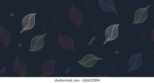 Hand-drawn pattern with leaves and lines on a dark background