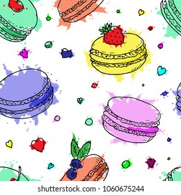 Hand-drawn pattern of macaroons, hearts and circles. Vector cartoon illustrations.