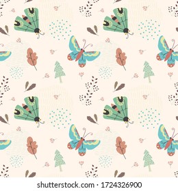 Hand-drawn pattern of moth and butterfly in the white backdrop