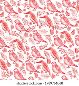 Hand-drawn pattern in red on a white background. Birds, flowers and leaves. Vector. Suitable for a pattern on fabric, banner, business card.