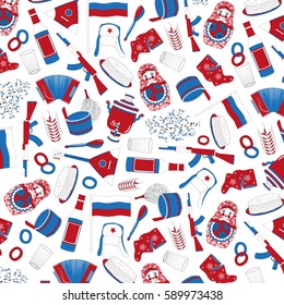 hand-drawn pattern of Russian symbols in white, blue and red colors