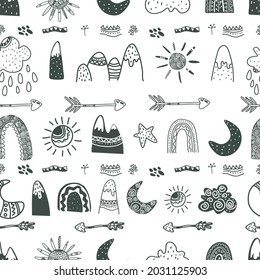 Hand-drawn pattern, Scandinavian pattern done in black ink minimalist. mountains, rainbows, sunshine, clouds