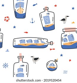 Hand-drawn pattern. Scandinavian sea pattern. Children's pattern with boats and seagulls
