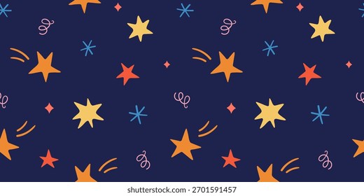 Handgezeichnetes Muster mit Sternschnuppen und Doodle-Elementen. Weihnachtsstern Hintergrund.
