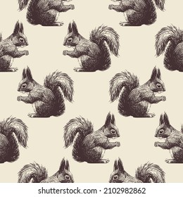 Hand-drawn pattern squirrels on a beige background for printing on paper, textiles and decoration. Vector illustration.