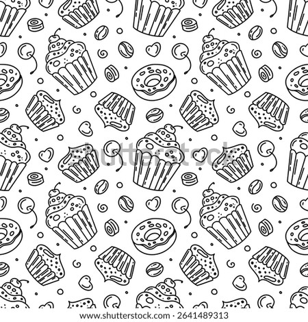 A hand-drawn pattern of sweets, cupcake, cake, a sketch in black ink, a design in the style of sketches, made in the style of doodles.