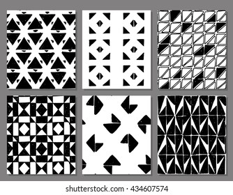 hand-drawn, pattern of triangles, black and white graphics. Set of six seamless patterns