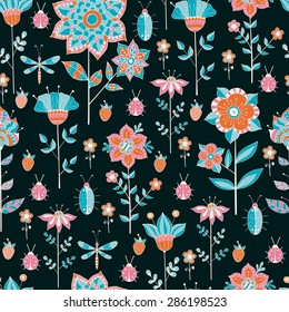 Hand-drawn pattern with wild flowers, dragonflies and beetles