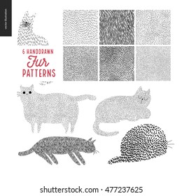 Handdrawn Patterns With Cats. Fur Patterns With An Usage Example. Cats Drawn With Fur Pattern Sitting And Standing In Various Poses.